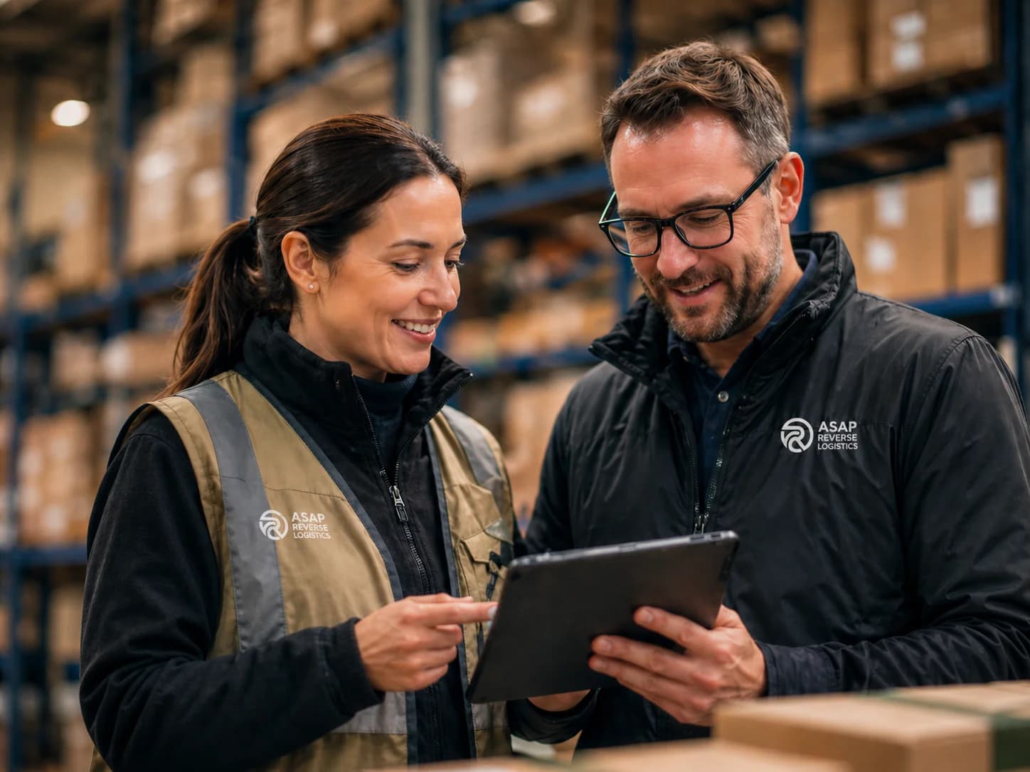 Two ASAP Reverse Logistics team members reviewing operations on a tablet inside a warehouse