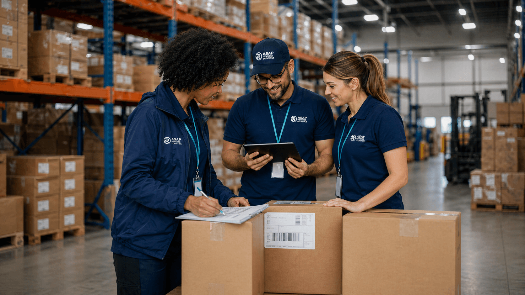 ASAP Reverse Logistics team inspecting packages in a warehouse