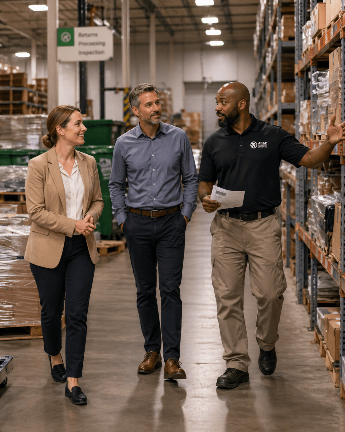Diverse warehouse team collaborating with a tablet — partnership in operations